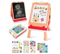 Elovien Tabletop Kids Easel, Foldable Art Easel for Toddler,Double Sided Painting Easel Board with Chalkboard & Magnetic Dry Erase Board, Educational Toy Gift for Girls(Pink)