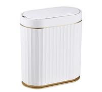 ELPHECO Bathroom Bin with Lid - Waterproof Automatic Trash Can, 2 Gallon Slimline Smart Wastebasket, 9L Narrow Motion Sensor Garbage Bin for Bedroom, Bathroom, Kitchen, Office, White with Gold Trim