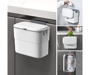 ELPHECO Hanging Small Waste Bin with Lid for Kitchen Cabinet Door, Kitchen Compost Bin for Under Sink, Plastic Wall-Mounted Waste Bin (1.8 Gallon)