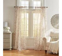 Elrene Home Fashions Floral Cottagecore Tie-Top Sheer Window Curtain Panel, Poly-Linen Blend, Flax, 52" W x 84" L (Pack of 1)