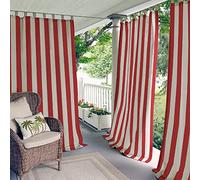 Elrene Home Fashions Highland Stripe Indoor/Outdoor Adhesive Loop Fastener Tab Top Window Curtain Panel for Patio, Pergola, Porch, Deck, Lanai, and Cabana, 50"x95", Red