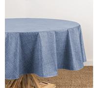 Elrene Home Fashions Monterey Linen Inspired Water- and Stain-Resistant Vinyl Tablecloth with Flannel Backing, 60 inches X 84 inches, Oval, Blue