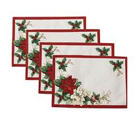 Elrene Home Fashions Red and White Poinsettia Holiday Fabric Placemats, Christmas Mats for Table Decor, 13 Inches x 19 Inches, Set of 4