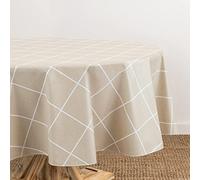 Elrene Home Fashions Windowpane Plaid Water- and Stain-Resistant Vinyl Tablecloth with Flannel Backing, 70 Inches X 70 Inches, Round, Natural