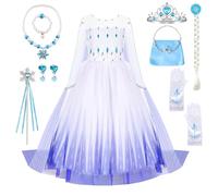 Elsa Anna Princess Costume for Girls with Wig, Crown, Wand & Necklace Set - Kids Fancy Dress for Halloween, Carnival, Cosplay and Bridesmaid Parties