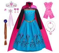 Elsa Anna Princess Costume for Girls with Wig, Crown, Wand & Necklace Set - Kids Fancy Dress for Halloween, Carnival, Cosplay and Bridesmaid Parties