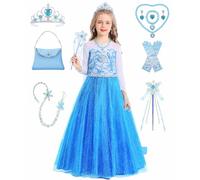 Elsa Costume Girls Princess Dress Set Frozen Fancy Dress Costumes Kids Carnival Birthday Fancy Dress Ice Princess Cosplay Party Blue Outfits with Accessories Wand Crown Wig C069-L