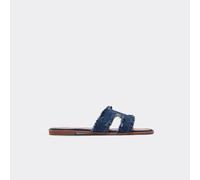 Elsa Frayed Hem Detail Cut Out Flat Slider Sandal In Dark Blue Denim, Women's Size UK 4