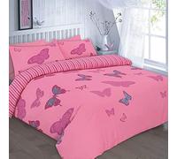 Elsa Printed Butterflies Pink Duvet Set Reversible Stripe Comforter Bed Cover with 2 Pillow cases Girls Double Duvet Cover Bedding Sets