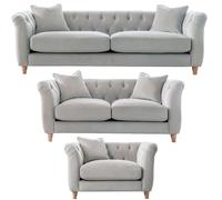 Elsie Plush Velvet Fabric Chesterfield Chalk 3 Piece Sofa Suite 3 2 1 Furnishings For Less UK Light Grey One Size