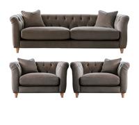 Elsie Plush Velvet Fabric Chesterfield Mushroom 3 Piece Sofa Suite 3 1 1 Furnishings For Less UK Light Brown One Size