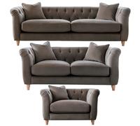 Elsie Plush Velvet Fabric Chesterfield Mushroom 3 Piece Sofa Suite 3 2 1 Furnishings For Less UK Light Brown One Size