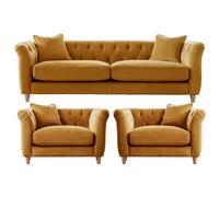 Elsie Plush Velvet Fabric Chesterfield Ochre Mustard 3 Piece Sofa Suite 3 1 1 Furnishings For Less UK Mustard One Size