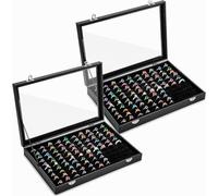 Elsjoy 2 Pack 100 Slots Ring Organizer Box with Transparent Glass Lid, Large Ring Display Case Black Velvet Ring Holder Tray, Ring Jewelry Showcase Display Box
