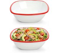 Elsjoy 2 Pack 20cm Square Enamel Bowls, 1.3L Large Capacity Vintage Red & White Enamelware - Dishwasher Safe Metal Bowls for Salad, Pasta, Cereal, Soup, Snacks, Camping