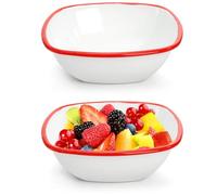Elsjoy 2 Pack 8 Inch Square Enamel Salad Bowl, 45 Oz Capacity, Vintage Red and White Enamelware