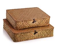 Elsjoy 2 Pack Seagrass Baskets with Lid, Wicker Storage Baskets Flat Rattan Storage Bins, Woven Organizer Baskets for Shelf, Closet, Bedroom