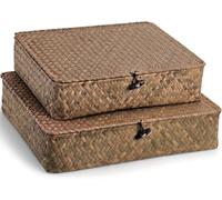 Elsjoy 2 Pack Seagrass Storage Box with Lid, Wicker Storage Baskets Flat Rattan Storage Bins, Woven Organizer Baskets for Shelf, Closet, Bedroom