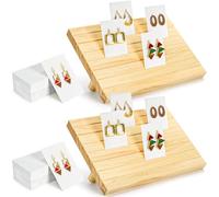Elsjoy 2 Pack Wood Earring Display Stands with 200 Cards, Countertop Wooden Earring Display Holder for Selling, Adjustable Height