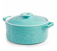 Elsjoy 2 Quart Ceramic Casserole Dish with Lid, 7.5 Inch Covered Casserole Pot Oven Safe Glazed Ceramic Baking Dish, Lace Emboss Bakeware Stew Pot for Soup, Dinner, Banquet, Non-Stick