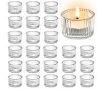 Elsjoy 24 Pack Glass Tealight Candle Holder, 5 cm × 3.5 cm Small Clear Glass Votive Candle Holders Mini Ribbed Tealight Holder for Wedding, Birthday, Festival, Table Centerpiece