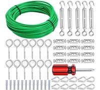 Elsjoy 30M Cable Wire Turnbuckle Kit, 30mm Green PVC Coated Wire Rope M5 Turnbuckle Tensioner Kit, Stainless Steel Outdoor Hanging Cable for Grape Vine, Clothes Line, Garden