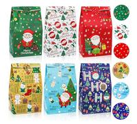Elsjoy 90 Pack 6 Styles Christmas Paper Gift Bag with 90pcs Sticker, Christmas Treat Bag Paper Goodie Bags, Xmas Party Holiday Candy Bags for Party, Decor