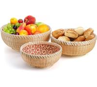 Elsjoy Set of 3 Wicker Woven Storage Basket, Bamboo Bread Basket Round Rattan Serving Basket Farmhouse Decor for Fruits, Vegetables, Potatoes, Stackable 9.6"/8"/7"