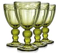 Elsjoy Set of 4 Vintage Green Wine Glass, 8.5 Oz Embossed Glass Goblet Colored Stemmed Drinking Glassware, Beverage Stemware for Juice, Cocktail, Party Wedding