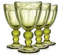 Elsjoy Set of 4 Vintage Green Wine Glass, 8.5 Oz Embossed Glass Goblet Colored Stemmed Drinking Glassware, Beverage Stemware for Juice, Cocktail, Party Wedding