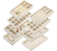 Elsjoy Set of 8 Velvet Jewelry Organiser Tray, Stackable Jewelry Tray Drawer Insert Divided Storage Holder, Necklace Bracelet Display Tray for Earring, Ring, Brooch, Watch, 8.3"x5"x1" Beige 4 Styles