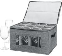 Elsjoy Wine Glass Storage Box with 12 Dividers, Stemware Storage Case Crystal Wine Glassware Dividing Container with Window and Label