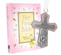 elskandi Baby Girl First Bible & Catholic Baptism Gift Set - Pink “Her First Bible” & Crib Cross with God Bless Our Baby Girl - Christening Keepsake from Godparents, Dedication or Newborn Girl Gift