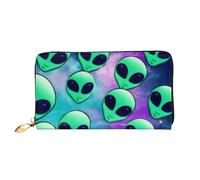 ELSMZXZD Cute Green Aliens Leather Wallet Long Zip Purse Card Phone Holder Case Clutch for Women & Men - Pu Leather Ladies Wallet Purses for Everyday Travel Work Business