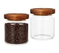 elthmpr Set of 2 Glass Jars with Airtight Wood Lids, 500ml Kitchen Glass Storage Jars, Stackable Clear Decorative Canisters for Spice, Salt, Sugar, Loose Tea, Coffee Beans, Cereal, Sauce
