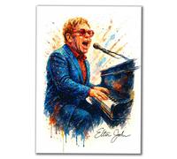 Elton John Watercolor Art Print, Music Legend at Piano, Vibrant Blue and Orange Splash Design, A4 Poster
