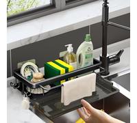ELUBLU Sink Organiser, Sink Organiser Slim with Self-Draining Drain Tray for Sponge Holder, Towel Holder, Dish Cloth Holder, Sink Organiser for Kitchen and Bathroom (Black)