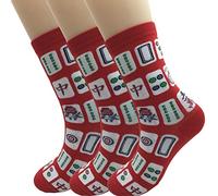 Elufly Creative Mah Jong Print Novelty Cotton Crew Socks 3 Pairs for Men Women, Mahjong Print-red 3pairs, One Size