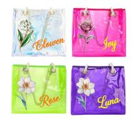 ELULAE Personalized Clear Tote Bag for Women, Custom Birth Flower and Name,Iridescent Bachelorette Beach Bag for Work Stadium Travel, Mother's Day Birthday Summer Vacation Gift for Family Friend