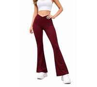 Elum Women’s Seamless Gym Wear High Waist Crossover Bootcut Flared Leggings with V-Seam Back & Crop Top - Dri-Fit 4-Way Stretch Breathable Yoga Workout Activewear Wine