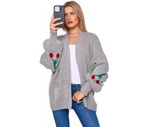ELUM Womens Cardigan Sweater Ladies Jumpers Cherry Print Balloon Sleeve Short Cardigans Open Front Winter Knitted Jumper Light Grey UK XXL 20/22