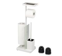 eluno 4-in-1 Freestanding Toilet Set Including Toilet Brush, 2 Replacement Brush Heads, (Replacement) Roll Holder for 3 Wheels, Shelf, Satin Glass and Metal (white), 91159-V