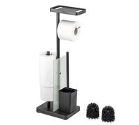 eluno 4-in-1 Freestanding Toilet Set Including Toilet Brush, 2 Replacement Brush Heads, (Replacement) Roll Holder for 3 Wheels, Shelf, Satin Glass and Metal (black), 91159-V