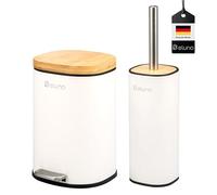 eluno FRAMURA Bathroom Accessory Set 2-Piece Consisting of 1 Cosmetic Bin with Soft-Close Lid and 5 Litre Capacity and 1 Toilet Brush Made of Metal with Bamboo Lid (White)