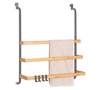 eluno Towel Rail for Glass Shower Screen Metal and Bamboo, Towel Rail with 3 Towel Rails, 4 Practical Hooks, for Hanging without Drilling, Grey