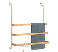 eluno Towel Rail for Glass Shower Screen Metal and Bamboo, Towel Rail with 3 Towel Rails, 4 Practical Hooks, for Hanging No Drilling (Beige)