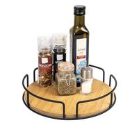 eluno Turntable made of metal with bamboo base, diameter approx. 25 cm, rotating spice rack, Lazy Susan cabinet organiser, bathroom organiser (black)