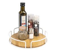 eluno Turntable made of metal with bamboo base, diameter approx. 25 cm, rotating spice rack, Lazy Susan cabinet organiser, bathroom organiser (white)