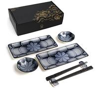 ELUSH 8 Piece Japanese Style Ceramic Sushi Plate Set 10-inch Rectangle Sushi Dishes- 2 Sushi Plates, 2 Sauce Dishes, 2 Pairs of Chopsticks, 2 Chopsticks Holders