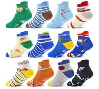 ELUTONG Toddler Non Slip Socks, 12 Pairs Grip Ankle Socks with Cute Patterns for Baby Boys and Girls 3-5 Years (Shark)